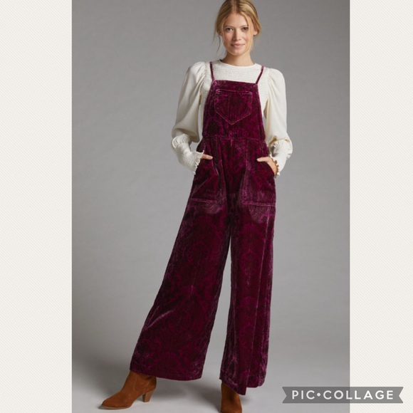 Anthropologie Wide-Leg Velvet Overalls in Plum - Picture 2 of 9